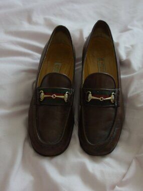 Vintage Gucci Horsebit Loafers Brown Leather Web Stripe Loafers Italy 35 B Auth